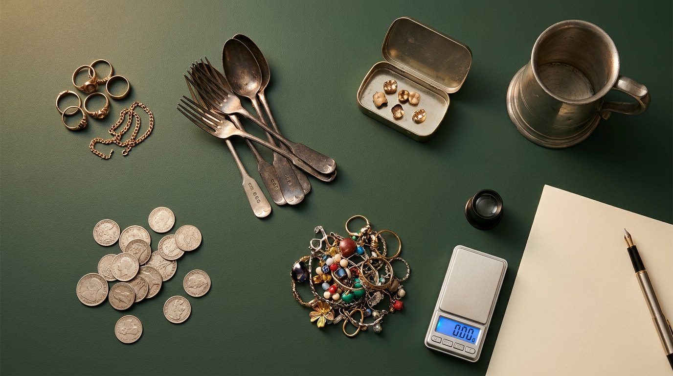 Nach Material sortierte Fundstücke aus einer Haushaltsauflösung: Goldringe, Silberbesteck, Münzen, Zahngold, Zinnkrug und Modeschmuck neben Lupe und Feinwaage