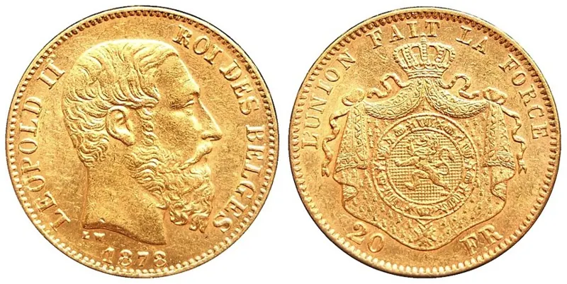 Belgien Francs Goldmünze, 5,81 g: 20 Francs Belgien Leopold II. (1878)