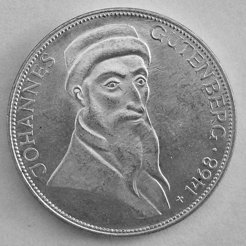 DM Gedenkmünzen Silbermünze, 7 g: 5 DM Gedenkmünze Gutenberg (1968)