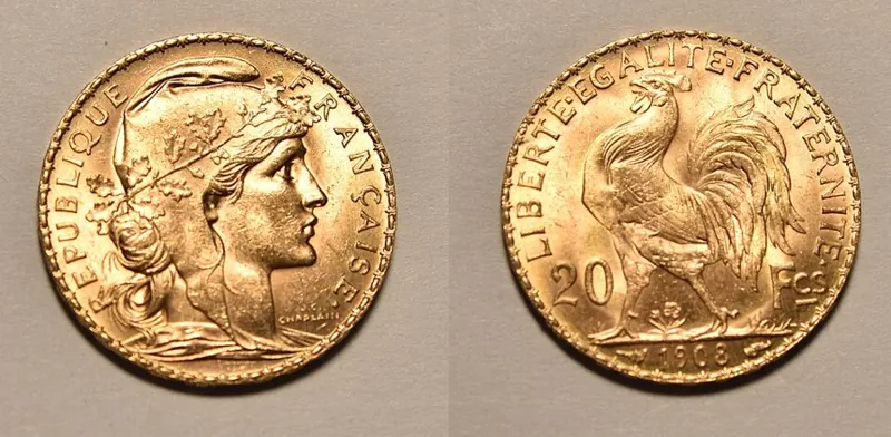 Frankreich Francs Goldmünze, 5,81 g: 20 Francs Marianne/Coq (1908)