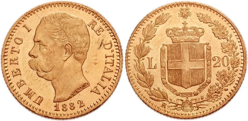 Italien Lire Goldmünze, 5,81 g: 20 Lire Umberto I.