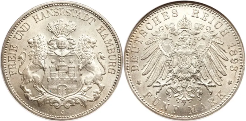 Kaiserreich Silbermünze, 10 g: 5 Mark Hamburg (1913)