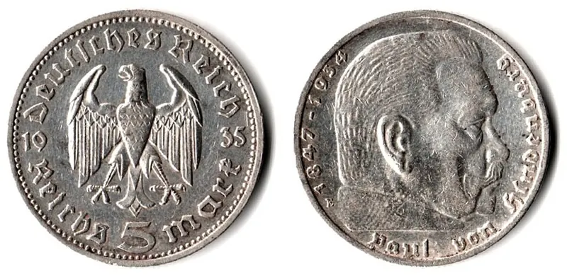 Drittes Reich Silbermünze, 5 g: 5 Reichsmark Hindenburg